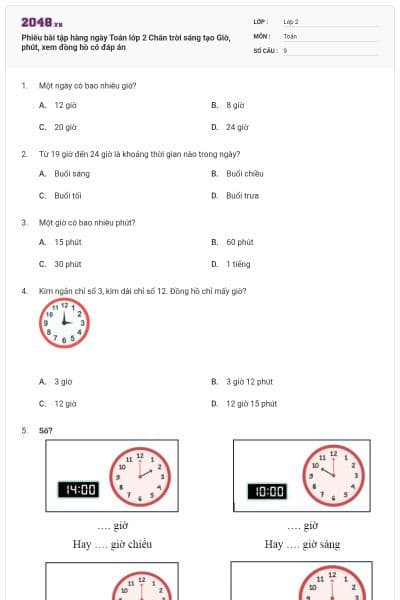 Phiếu bài tập hàng ngày Toán lớp 2 Chân trời sáng tạo Giờ, phút, xem đồng hồ có đáp án