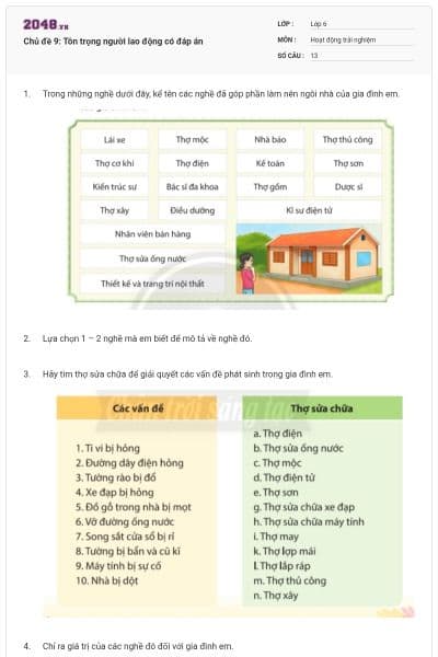 Chủ đề 9: Tôn trọng người lao động có đáp án