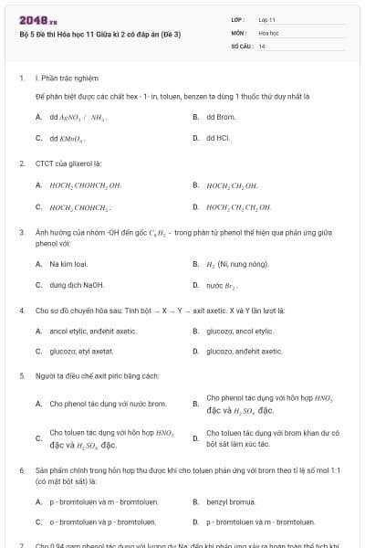 Bộ 5 Đề thi Hóa học 11 Giữa kì 2 có đáp án (Đề 3)