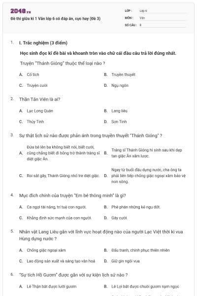 Đề thi giữa kì 1 Văn lớp 6 có đáp án, cực hay (Đề 3)