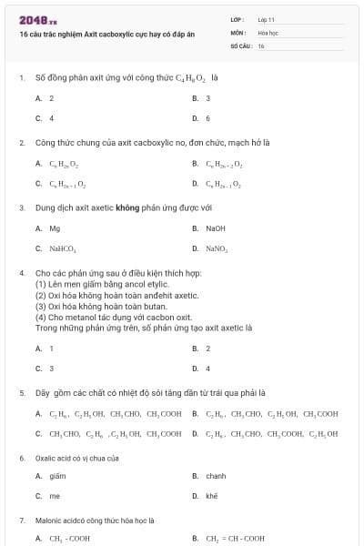16 câu trắc nghiệm Axit cacboxylic cực hay có đáp án
