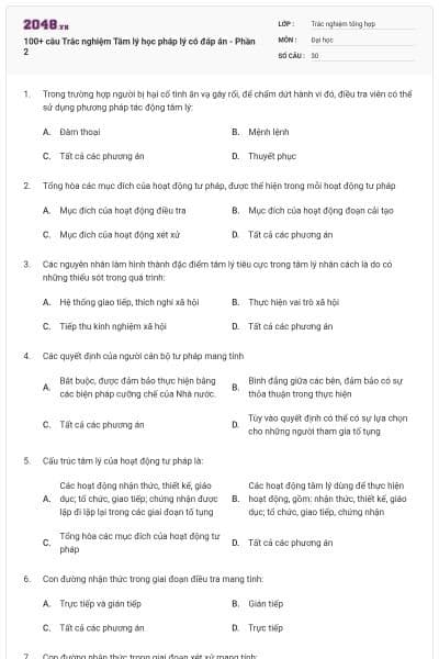 100+ câu Trắc nghiệm Tâm lý học pháp lý có đáp án - Phần 2