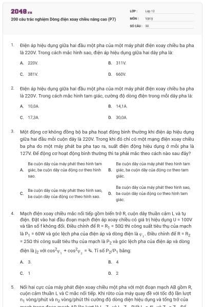 200 câu trắc nghiệm Dòng điện xoay chiều nâng cao (P7)