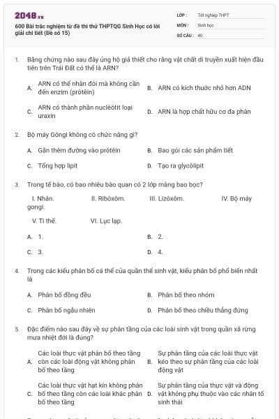 600 Bài trắc nghiệm từ đề thi thử THPTQG Sinh Học có lời giải chi tiết (Đề số 15)