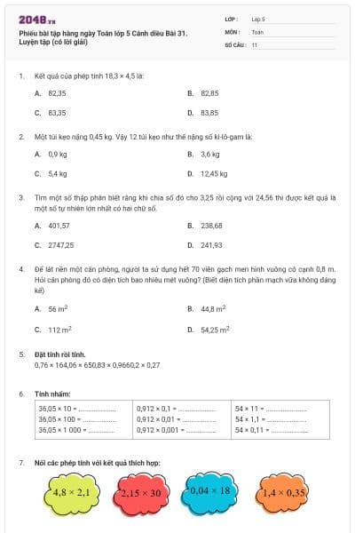 Phiếu bài tập hàng ngày Toán lớp 5 Cánh diều Bài 31. Luyện tập (có lời giải)