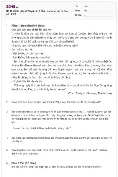 Bộ 10 đề thi giữa kì 2 Ngữ văn 6 Chân trời sáng tạo có đáp án - Đề 2