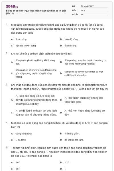 Bộ đề ôn thi THPT Quốc gia môn Vật Lý cực hay, có lời giải (Đề 11)