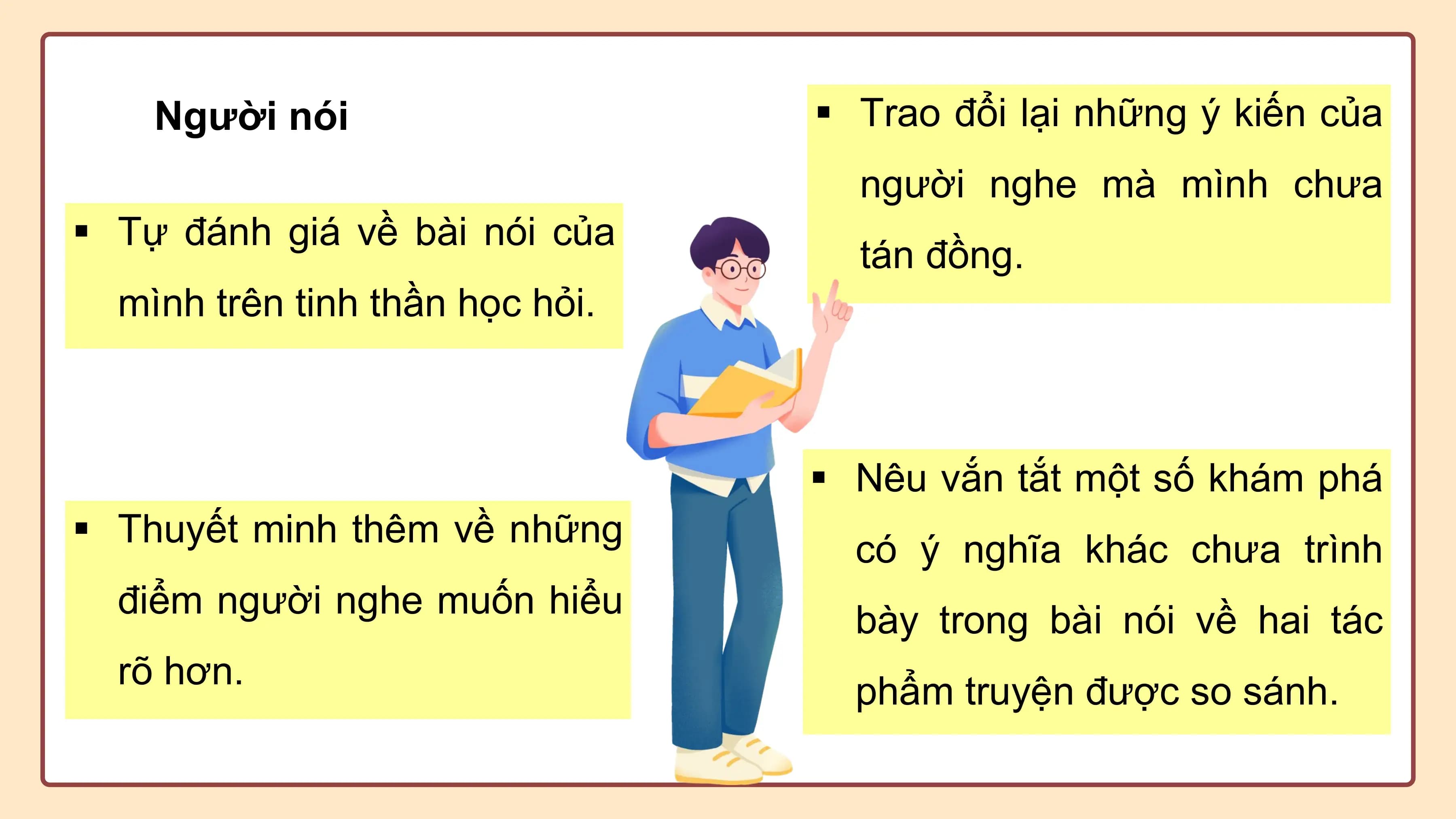 Người nói § Trao đổi lại những ý kiến của
 người nghe mà mình chưa
§ Tự đánh giá về bài nói của
 tán đồng.
 mình trên tinh thần học hỏi.

 § Nêu vắn tắt một số khám phá
§ Thuyết minh thêm về những
 có ý nghĩa khác chưa trình
 điểm người nghe muốn hiểu
 bày trong bài nói về hai tác
 rõ hơn.
 phẩm truyện được so sánh.