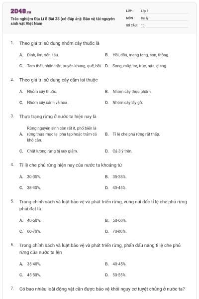 Trắc nghiệm Địa Lí 8 Bài 38 (có đáp án): Bảo vệ tài nguyên sinh vật Việt Nam