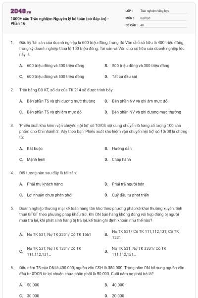 1000+ câu Trắc nghiệm Nguyên lý kế toán (có đáp án) - Phần 16
