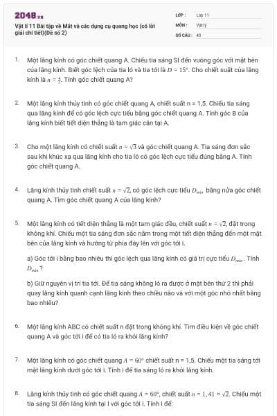 Vật lí 11 Bài tập về Mắt và các dụng cụ quang học (có lời giải chi tiết)(Đề số 2)