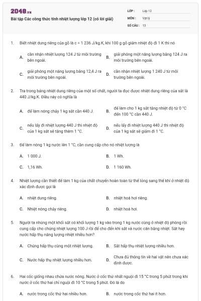 Bài tập Các công thức tính nhiệt lượng lớp 12 (có lời giải)