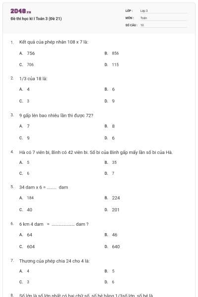 Đề thi học kì I Toán 3 (Đề 21)