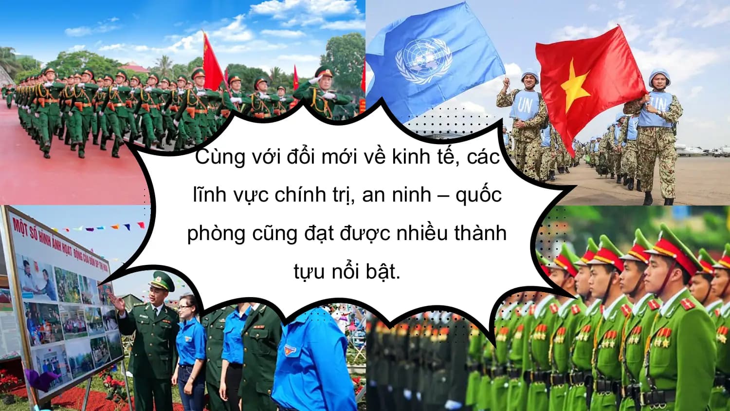 Cùng với đổi mới về kinh tế, các
lĩnh vực chính trị, an ninh – quốc
phòng cũng đạt được nhiều thành
tựu nổi bật.