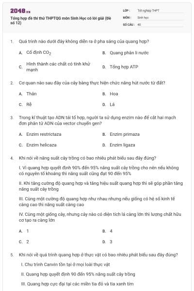Tổng hợp đề thi thử THPTQG môn Sinh Học có lời giải (Đề số 12)