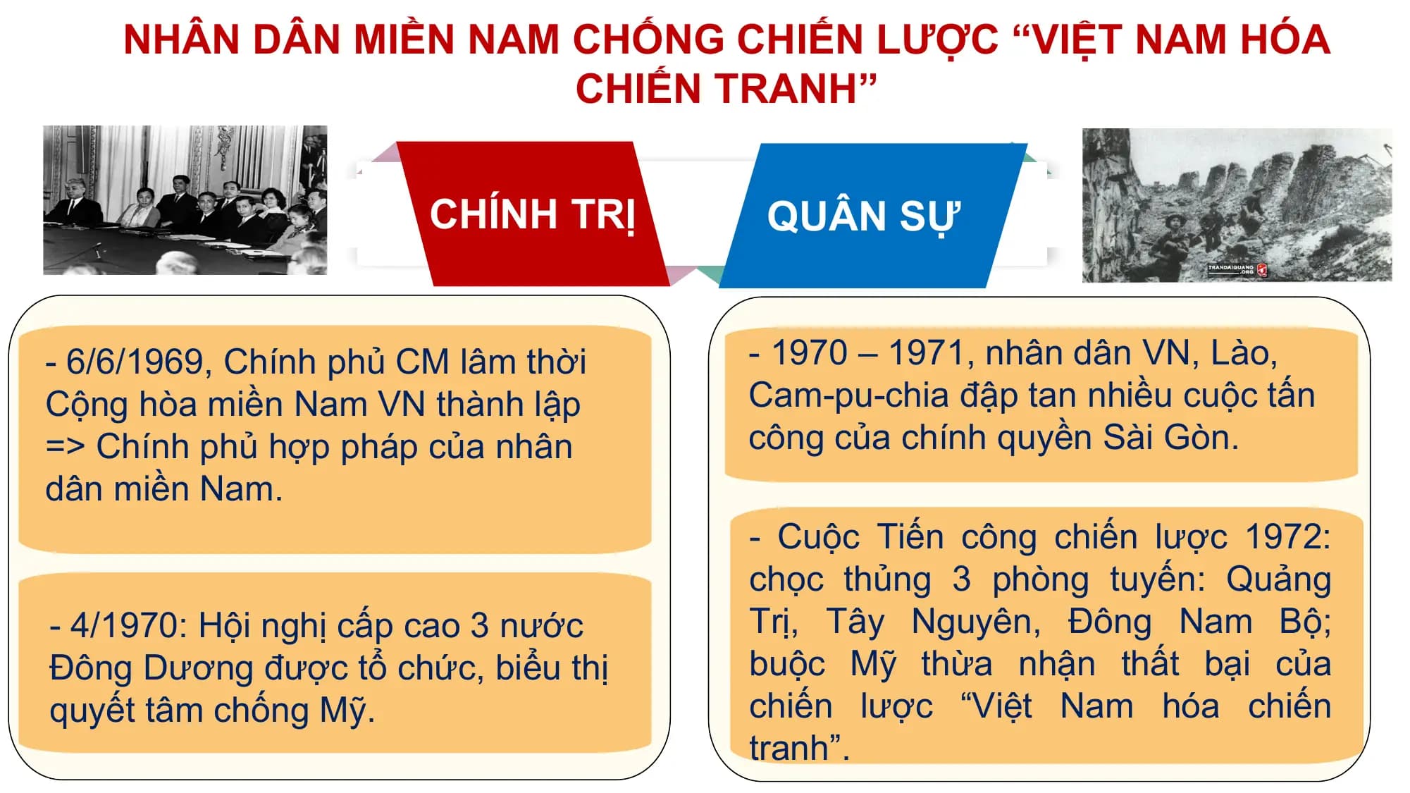 NHÂN DÂN MIỀN NAM CHỐNG CHIẾN LƯỢC “VIỆT NAM HÓA
 CHIẾN TRANH”

 CHÍNH TRỊ QUÂN SỰ

- 6/6/1969, Chính phủ CM lâm thời - 1970 – 1971, nhân dân VN, Lào,
Cộng hòa miền Nam VN thành lập Cam-pu-chia đập tan nhiều cuộc tấn
=> Chính phủ hợp pháp của nhân công của chính quyền Sài Gòn.
dân miền Nam.
 - Cuộc Tiến công chiến lược 1972:
 chọc thủng 3 phòng tuyến: Quảng
- 4/1970: Hội nghị cấp cao 3 nước Trị, Tây Nguyên, Đông Nam Bộ;
Đông Dương được tổ chức, biểu thị buộc Mỹ thừa nhận thất bại của
quyết tâm chống Mỹ. chiến lược “Việt Nam hóa chiến
 tranh”.