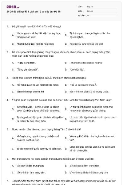 Bộ 20 đề thi học kì 1 Lịch sử 12 có đáp án -Đề 18