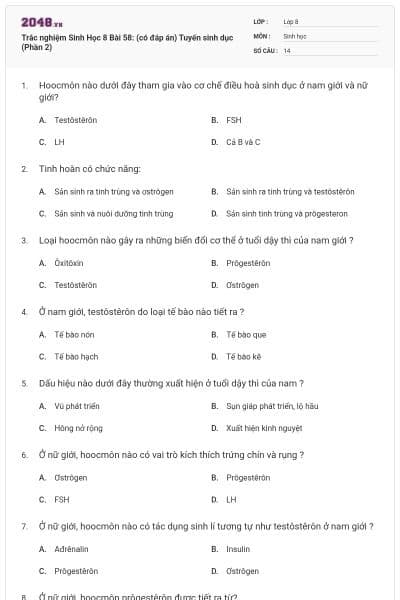 Trắc nghiệm Sinh Học 8 Bài 58: (có đáp án) Tuyến sinh dục (Phần 2)