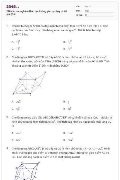 210 câu trắc nghiệm Hình học không gian cực hay có lời giải (P4)