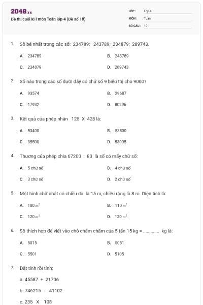 Đề thi cuối kì I môn Toán lớp 4 (Đề số 18)