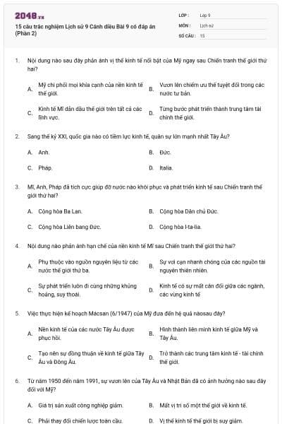 15 câu trắc nghiệm Lịch sử 9 Cánh diều Bài 9 có đáp án (Phần 2)