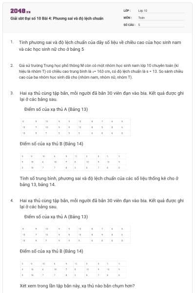 Giải sbt Đại số 10 Bài 4: Phương sai và độ lệch chuẩn