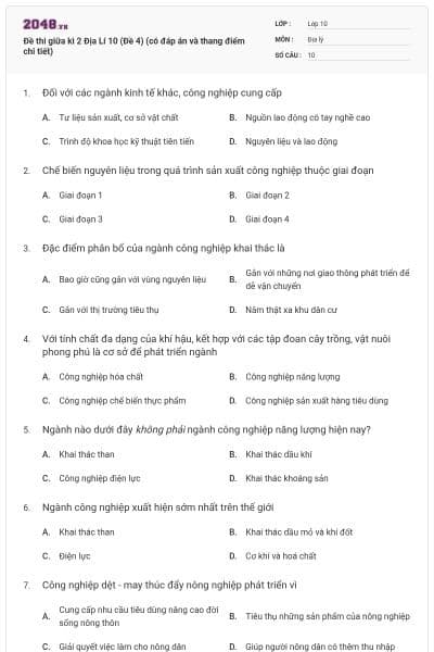 Đề thi giữa kì 2 Địa Lí 10 (Đề 4) (có đáp án và thang điểm chi tiết)