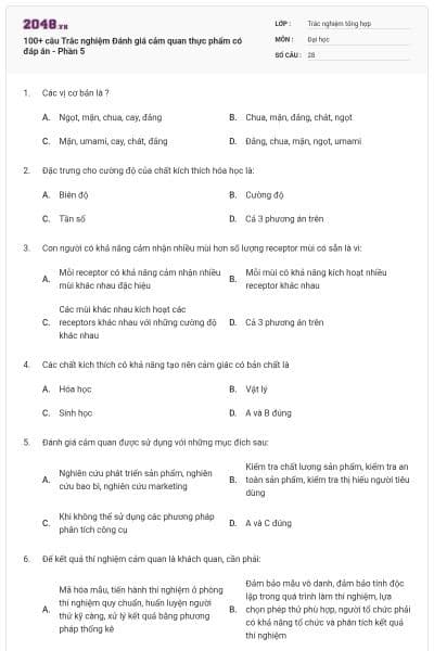 100+ câu Trắc nghiệm Đánh giá cảm quan thực phẩm có đáp án - Phần 5