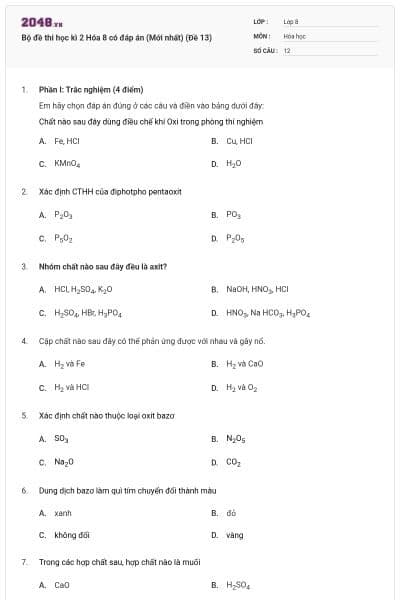 Bộ đề thi học kì 2 Hóa 8 có đáp án (Mới nhất) (Đề 13)