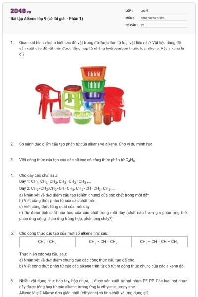 Bài tập Alkene lớp 9 (có lời giải - Phần 1)