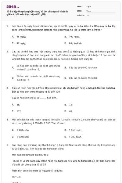 10 Bài tập Ứng dụng bội chung và bội chung nhỏ nhất để giải các bài toán thực tế (có lời giải)