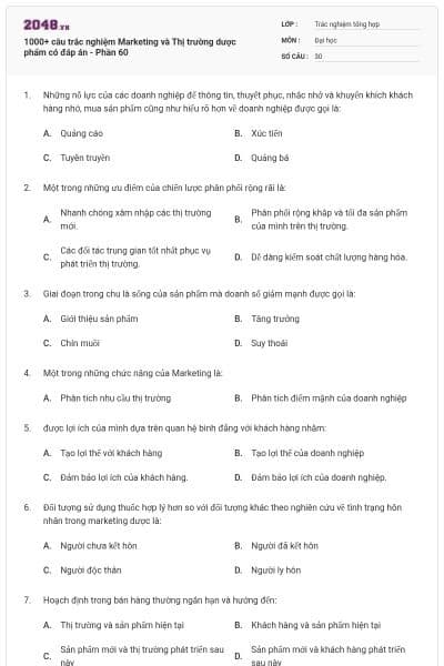 1000+ câu trắc nghiệm Marketing và Thị trường dược phẩm có đáp án - Phần 60
