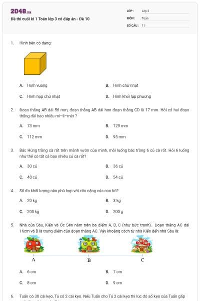 Đề thi cuối kì 1 Toán lớp 3 có đáp án - Đề 10