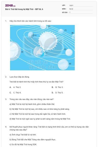 Bài 6: Trái Đất trong hệ Mặt Trời - SBT ĐL 6