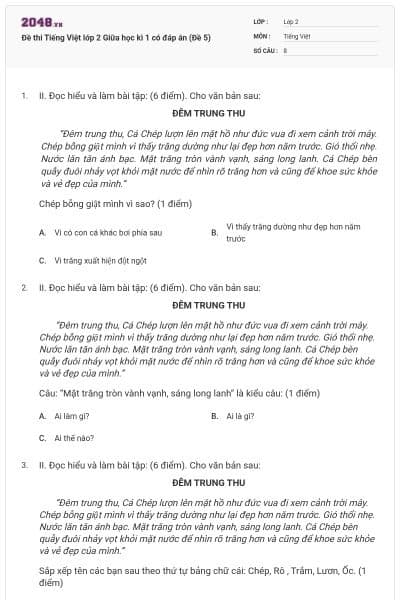 Đề thi Tiếng Việt lớp 2 Giữa học kì 1 có đáp án (Đề 5)