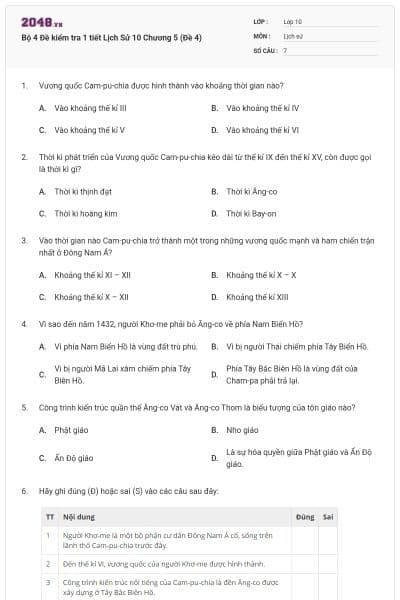 Bộ 4  Đề kiểm tra 1 tiết Lịch Sử 10 Chương 5 (Đề 4)
