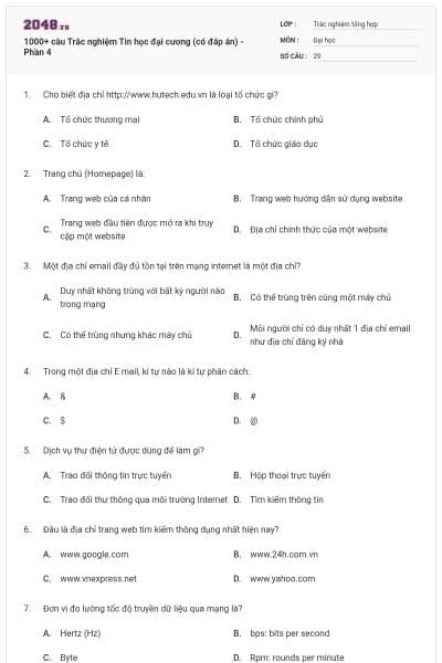 1000+ câu Trắc nghiệm Tin học đại cương (có đáp án) - Phần 4