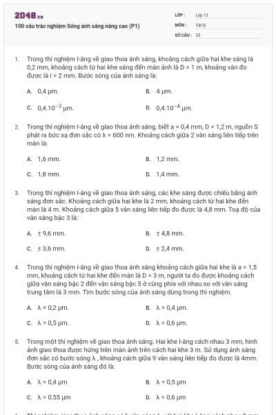 100 câu trắc nghiệm Sóng ánh sáng nâng cao (P1)