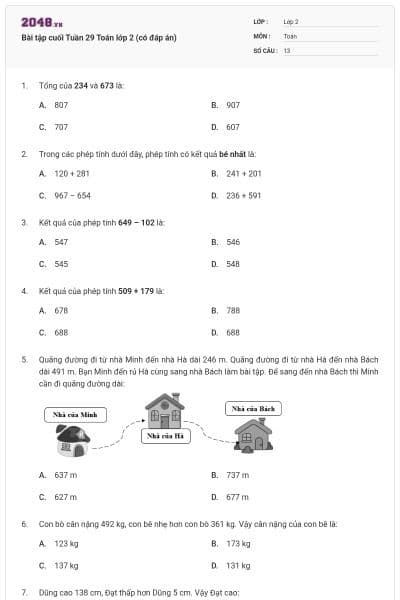 Bài tập cuối Tuần 29 Toán lớp 2 (có đáp án)