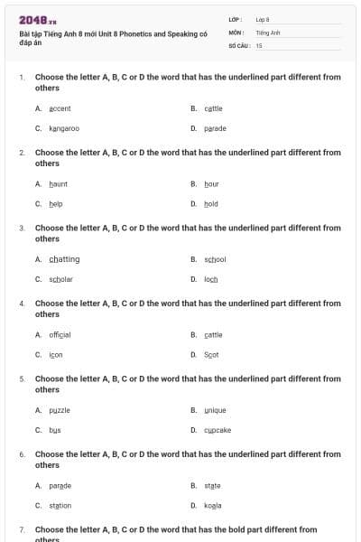 Bài tập Tiếng Anh 8 mới Unit 8 Phonetics and Speaking có đáp án