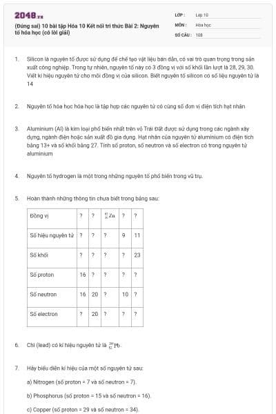 (Đúng sai) 10 bài tập Hóa 10 Kết nối tri thức Bài 2: Nguyên tố hóa học (có lời giải)