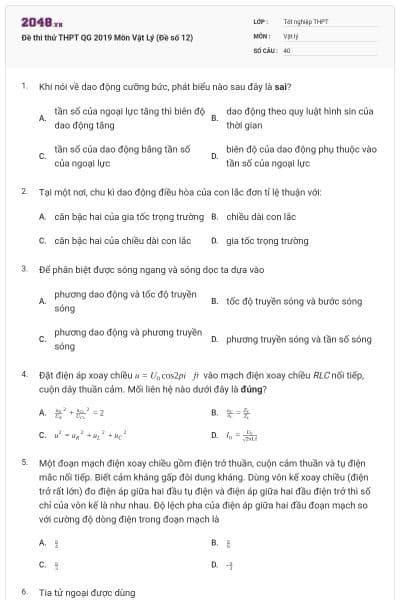 Đề thi thử THPT QG 2019 Môn Vật Lý (Đề số 12)