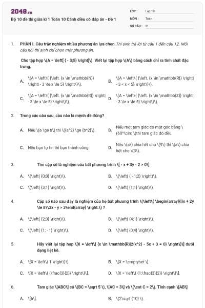 Bộ 10 đề thi giữa kì 1 Toán 10 Cánh diều có đáp án - Đề 1