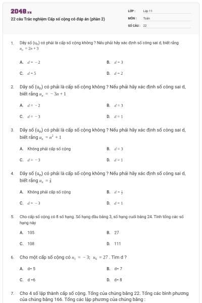 22 câu Trắc nghiệm Cấp số cộng có đáp án (phần 2)