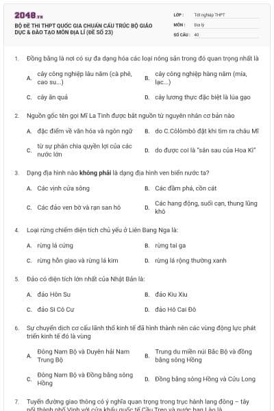 BỘ ĐỀ THI THPT QUỐC GIA CHUẨN CẤU TRÚC BỘ GIÁO DỤC & ĐÀO TẠO MÔN ĐỊA LÍ (ĐỀ SỐ 23)