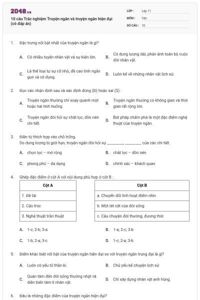 10 câu Trắc nghiệm Truyện ngắn và truyện ngắn hiện đại (có đáp án)