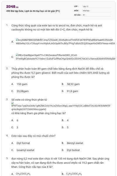 490 Bài tập Este, Lipit ôn thi Đại học có lời giải (P1)