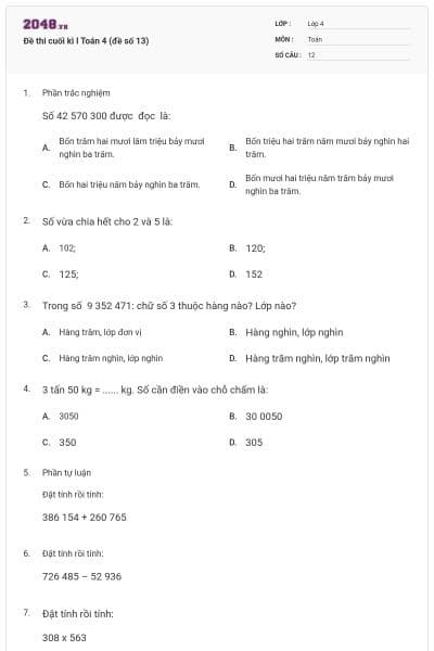 Đề thi cuối kì I Toán 4 (đề số 13)