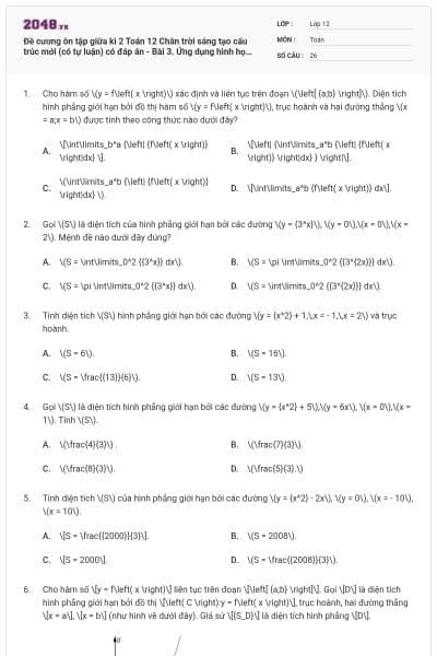 Đề cương ôn tập giữa kì 2 Toán 12 Chân trời sáng tạo cấu trúc mới (có tự luận) có đáp án - Bài 3. Ứng dụng hình học của tích phân