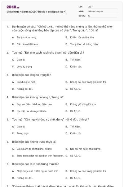 Đề kiểm tra 45 phút GDCD 7 Học kì 1 có đáp án (Đề 4)